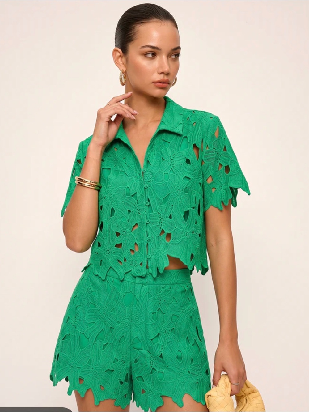 Commense Green Crochet Button-Front Short Sleeve Shirt